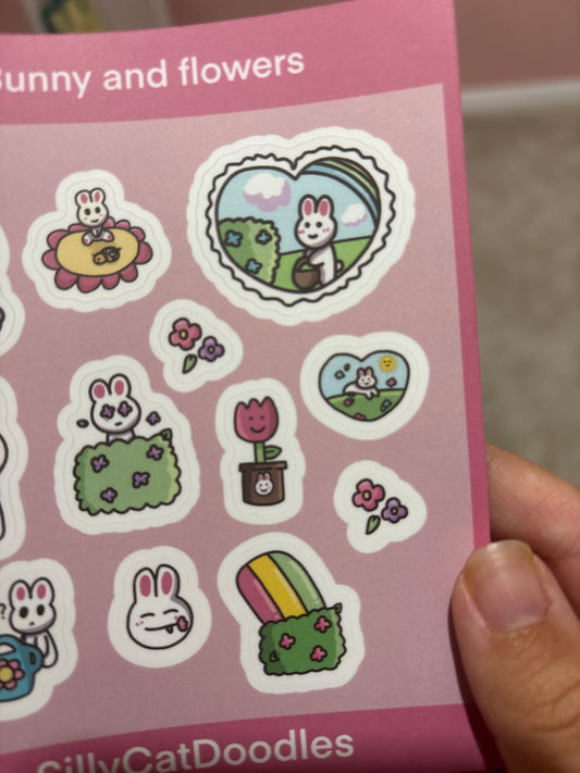 Bunny and Flowers Sticker Sheet - Cute Cottagecore Stickers