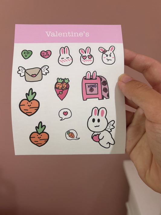 Cute sticker sheet themed after Valentine’s and bunnies